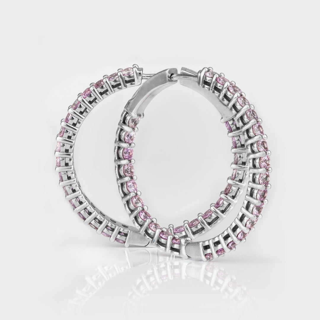 עגילי חישוק ספיר ורוד בזהב לבן