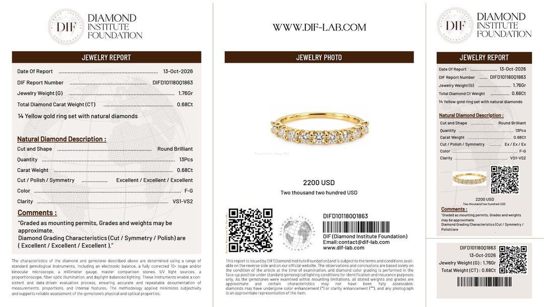 DIF report DIFD10118001863 — 13 natural diamonds, 0.68 ct total, F–G, VS1–VS2