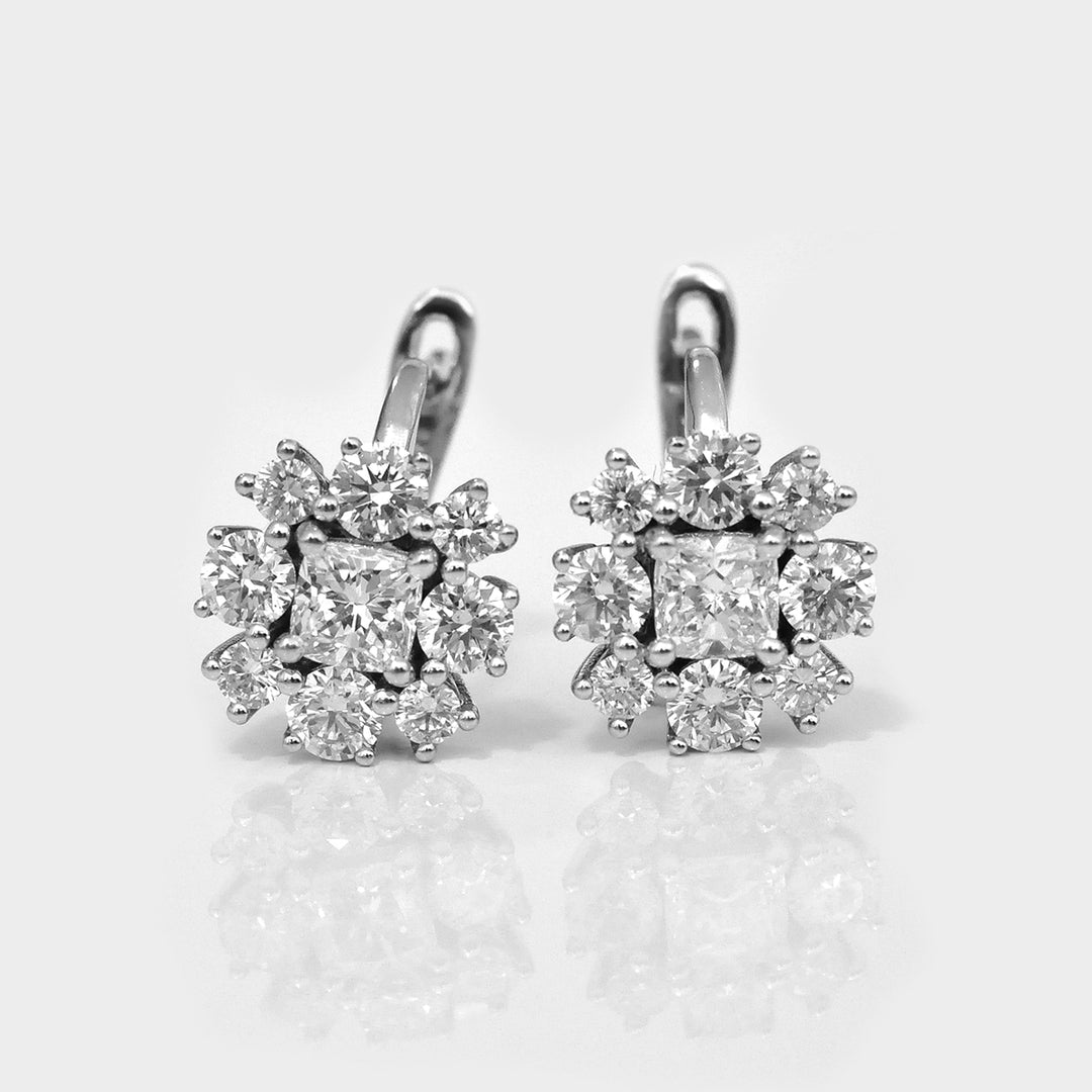 Cushion & Round Diamonds White Gold Cluster Earrings