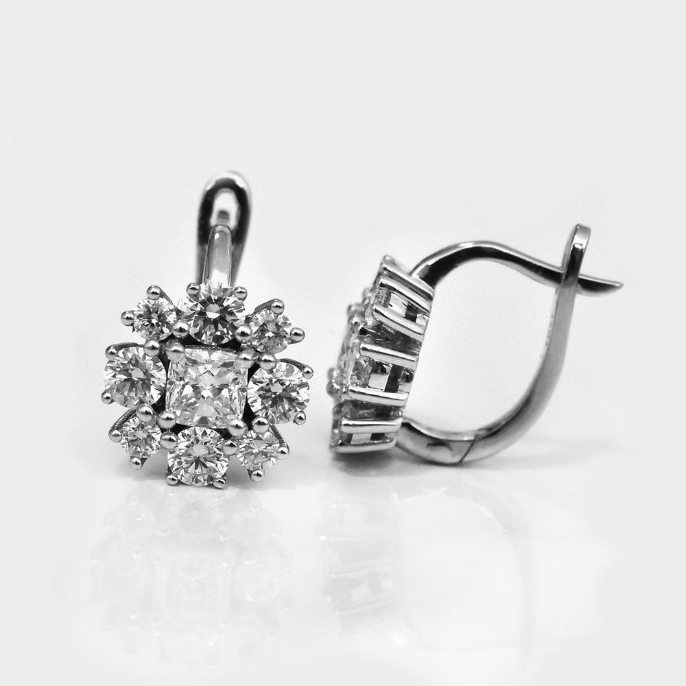 Cushion & Round Diamonds White Gold Cluster Earrings