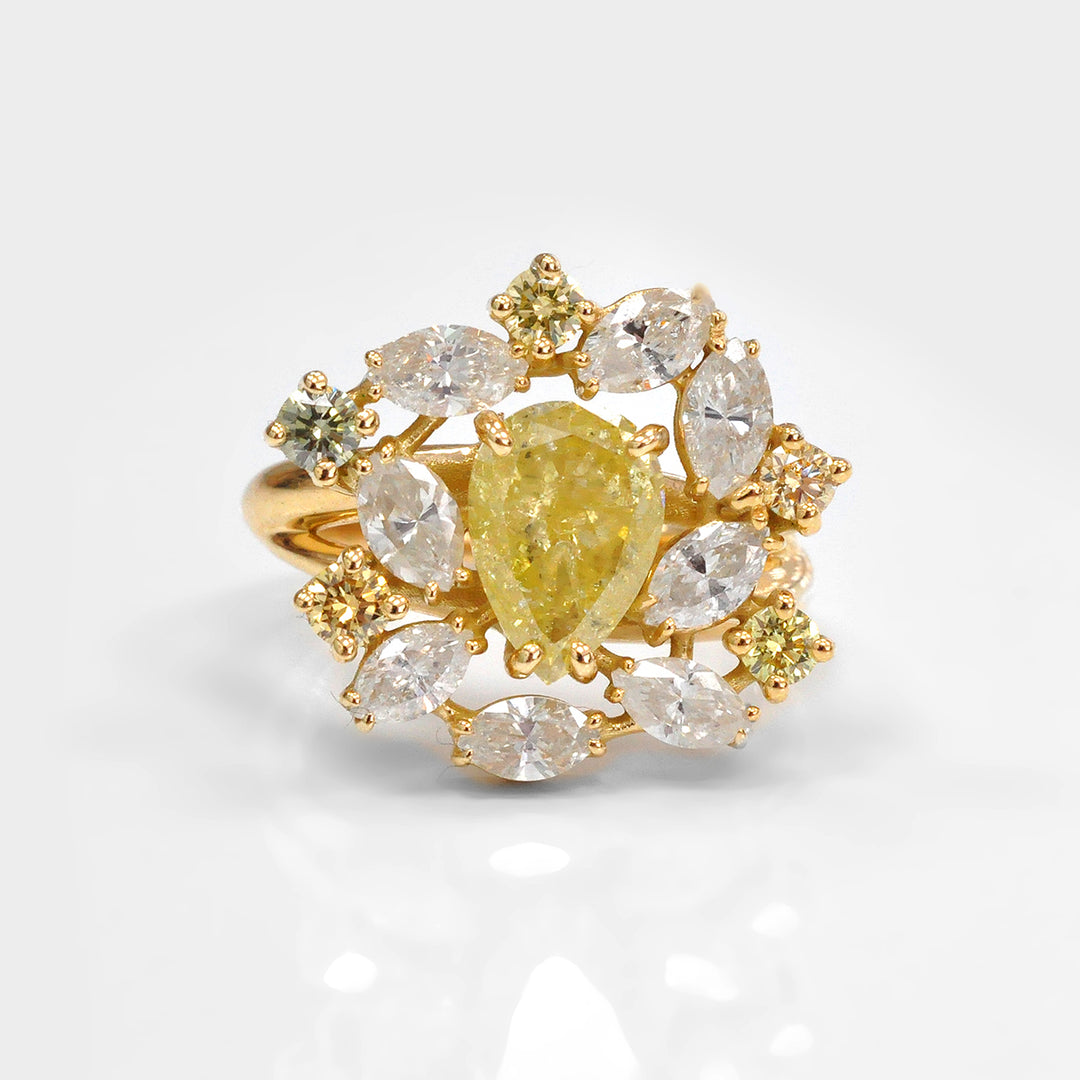 Pear Shape Yellow Diamond unique Colored Diamonds Cluster Ring