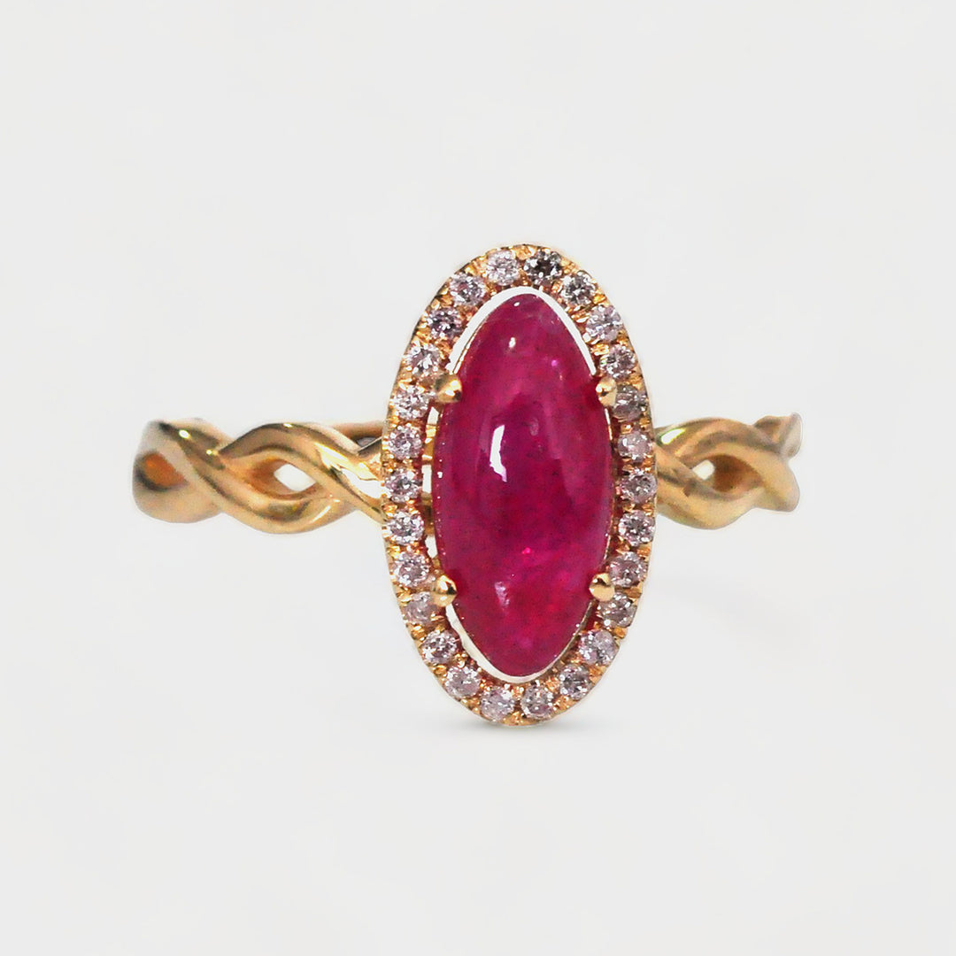 Long Oval Cabochon Ruby Halo Diamonds Ring