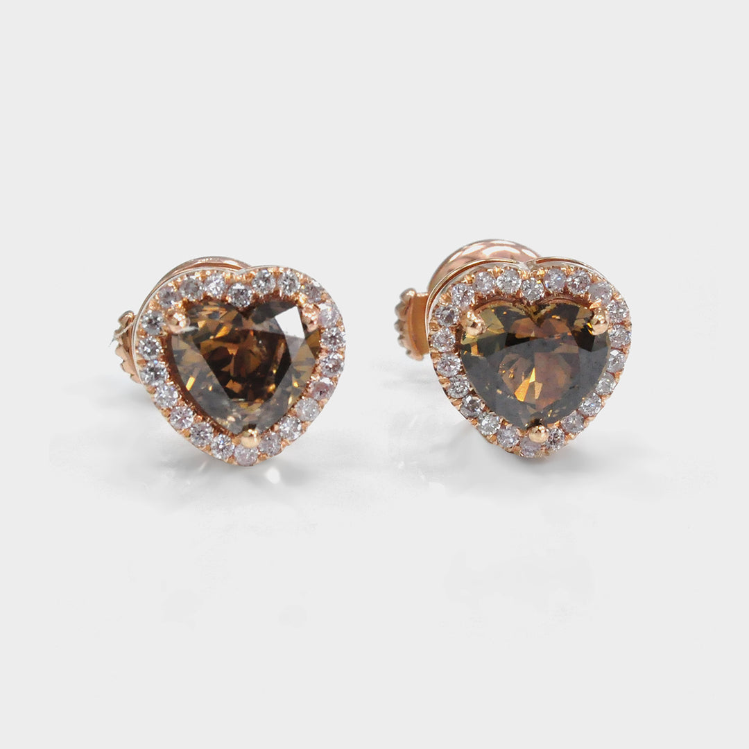 Heart Shape Fancy Brown Diamonds Halo Earrings