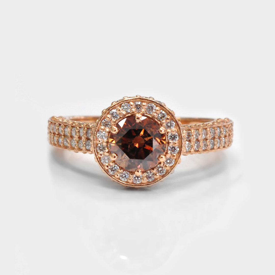 Round Fancy Deep Orange & Side Diamonds Halo Ring