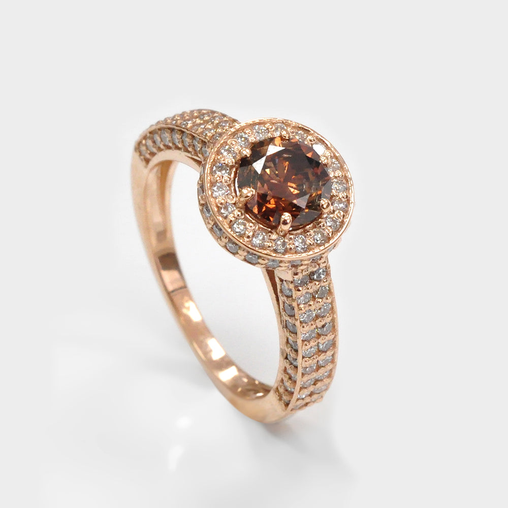 Round Fancy Deep Orange & Side Diamonds Halo Ring