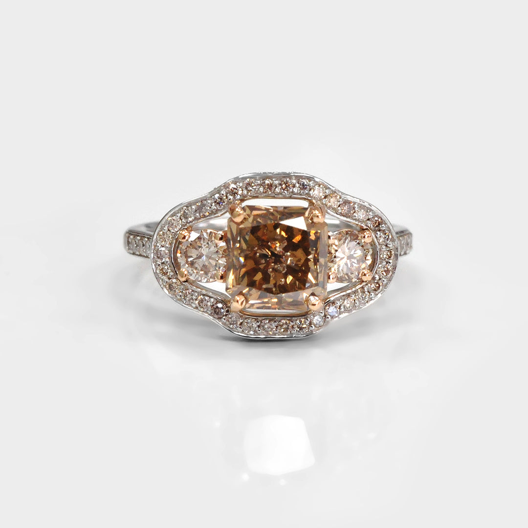 Fancy Brown Three Stone Unique Halo Engagement Ring