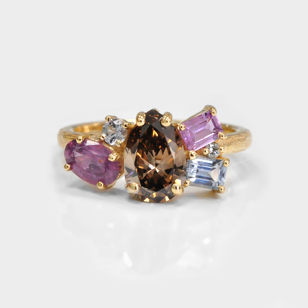 Pear Shape Diamond and  Sapphires Textured gold Cluster Ring