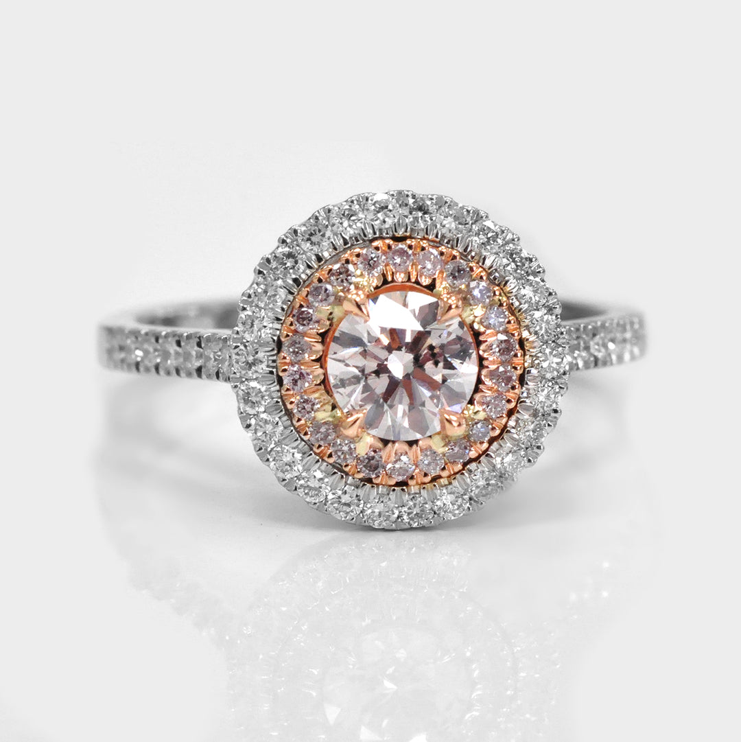 Light Pink Double Halo Diamond Ring in 18k White Gold