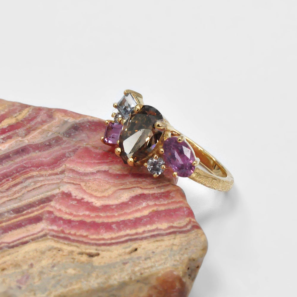 Pear Shape Diamond and  Sapphires Textured gold Cluster Ring
