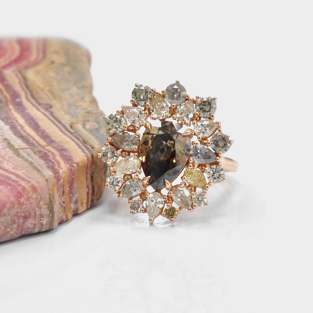 Pear Shape Fancy Colored Diamonds Mix Rose gold Cluster Ring