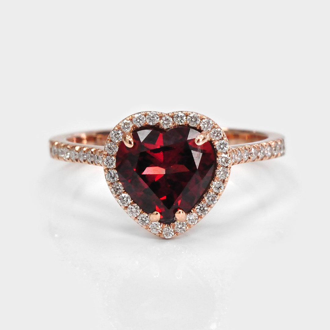 Heart Shape Garnet & Diamonds Halo Ring