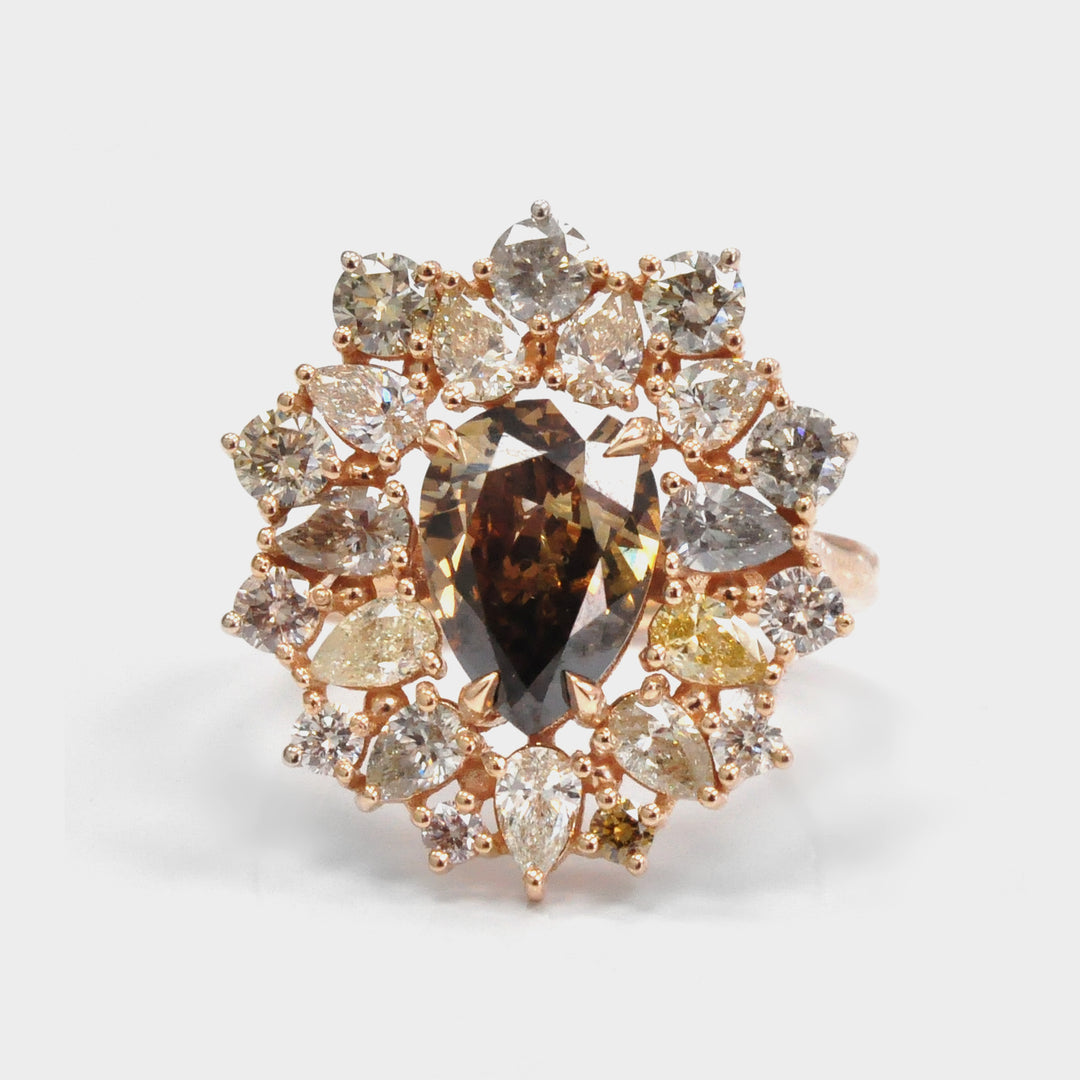 Pear Shape Fancy Colored Diamonds Mix Rose gold Cluster Ring