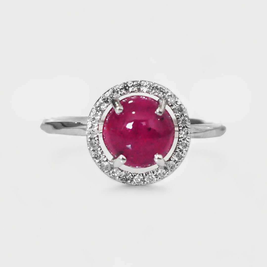 Round Cabochon Ruby Halo Diamonds Ring