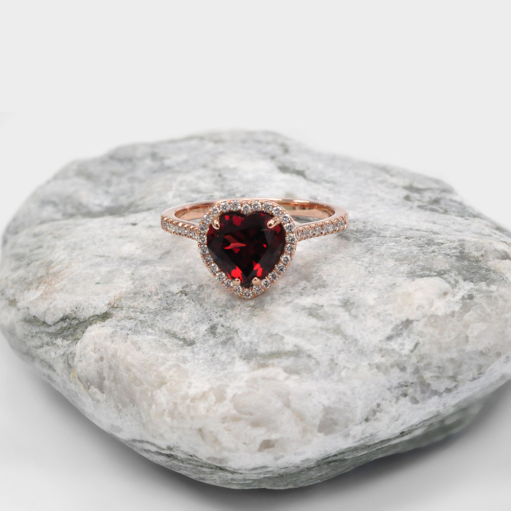 Heart Shape Garnet & Diamonds Halo Ring