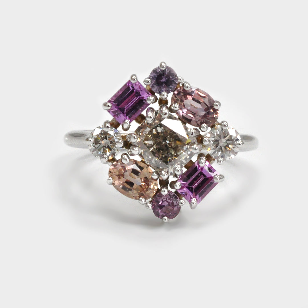 Light Brown Diamonds and Mixed Colored Sapphires Ring