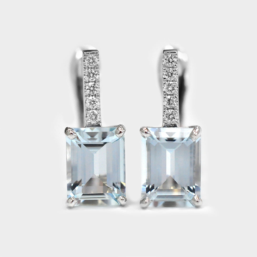 Emerald Cut light blue Aquamarine and Diamonds Earrings