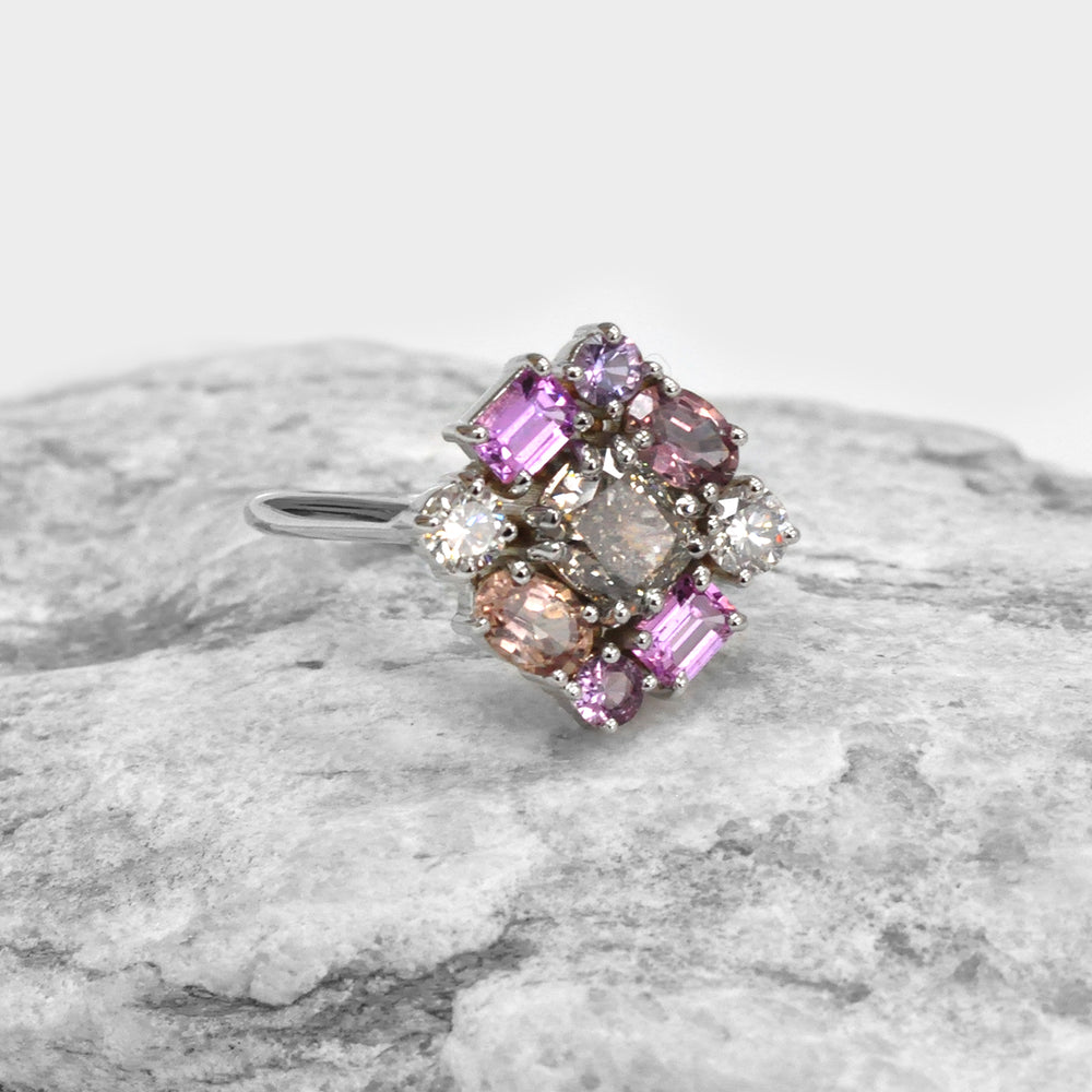 Light Brown Diamonds and Mixed Colored Sapphires Ring