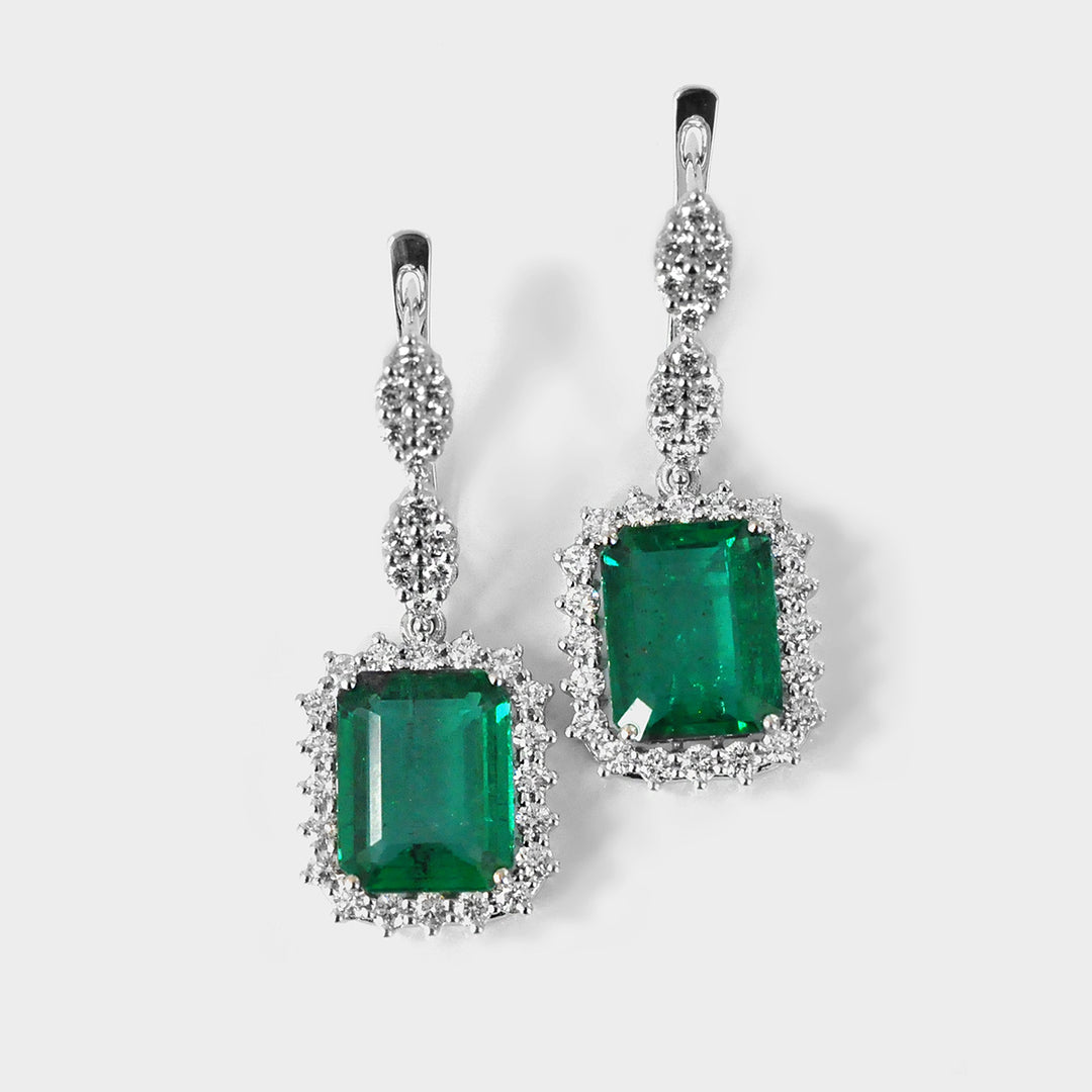 Magnificent Emerald & Diamonds Earrings in White Gold