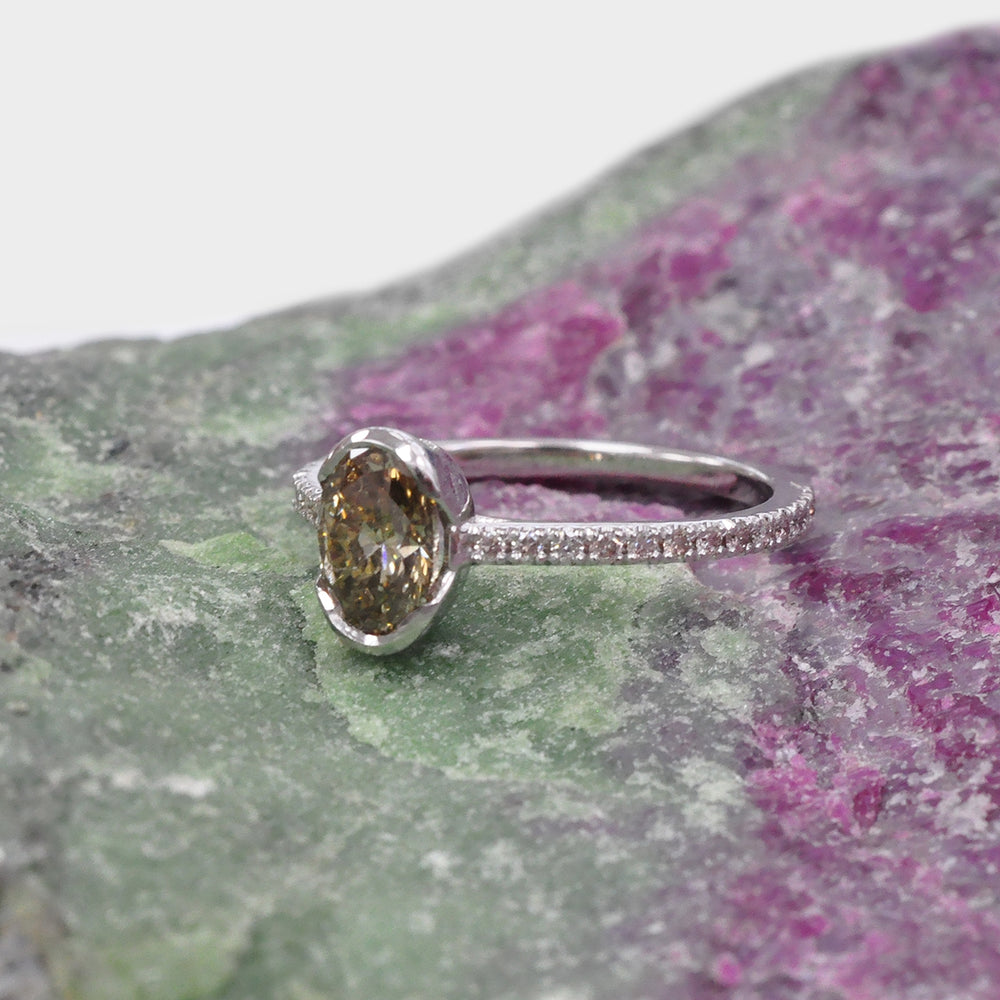 Oval Yellowish Brown half Bezel Setting Diamonds Ring