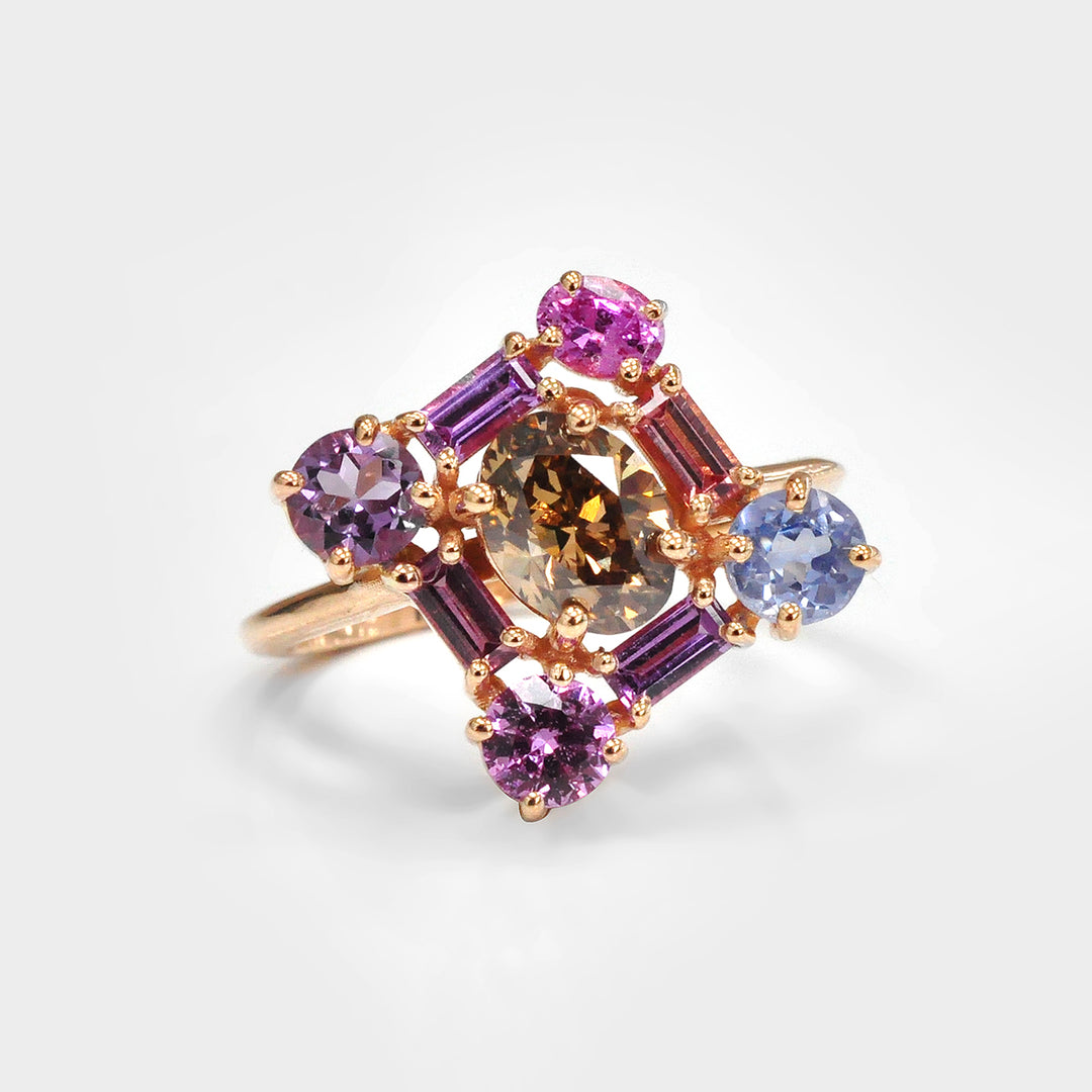 Cluster Oval Diamond and Mix Colored Sapphires Ring