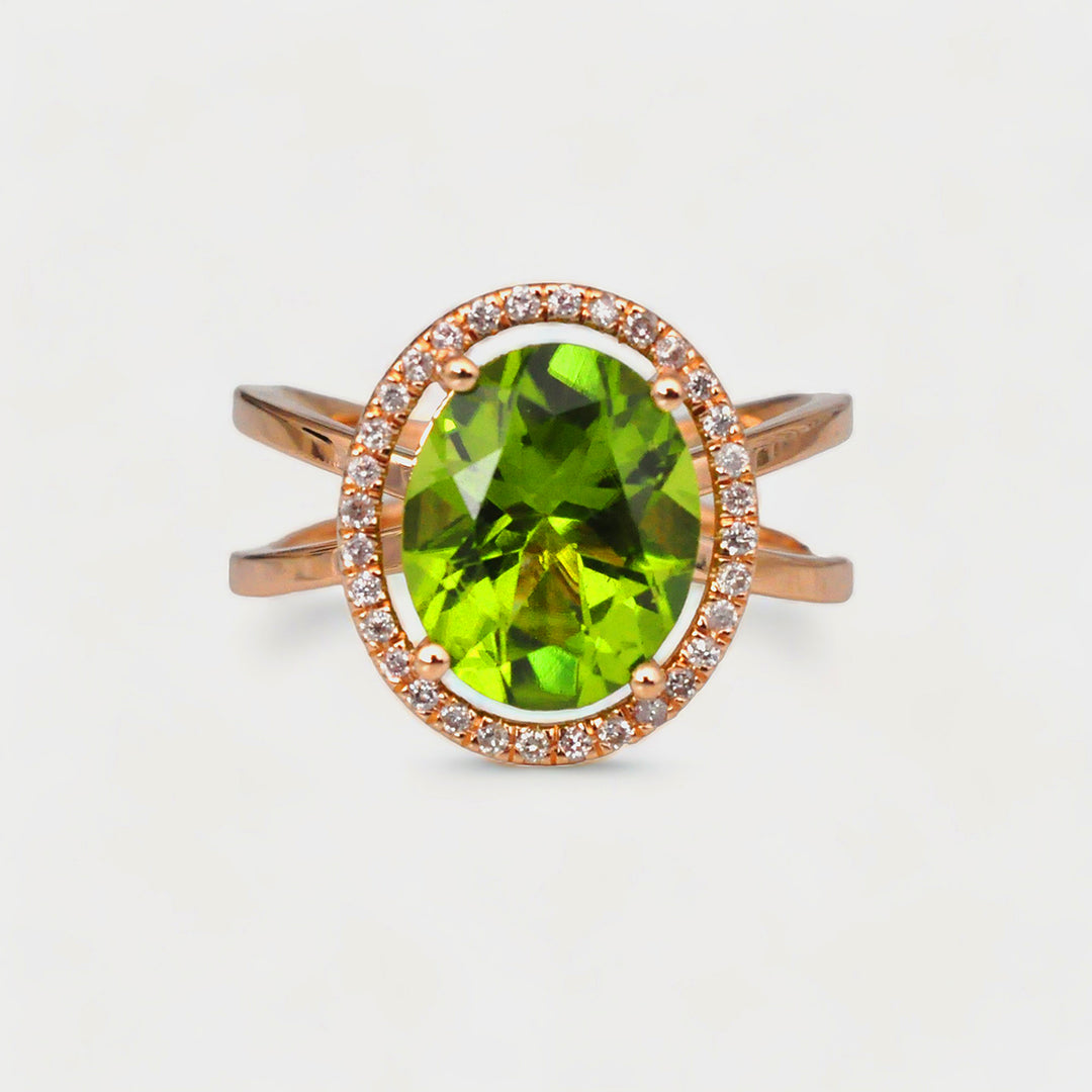 3.0 Carat Green Peridot and white diamonds Halo Ring