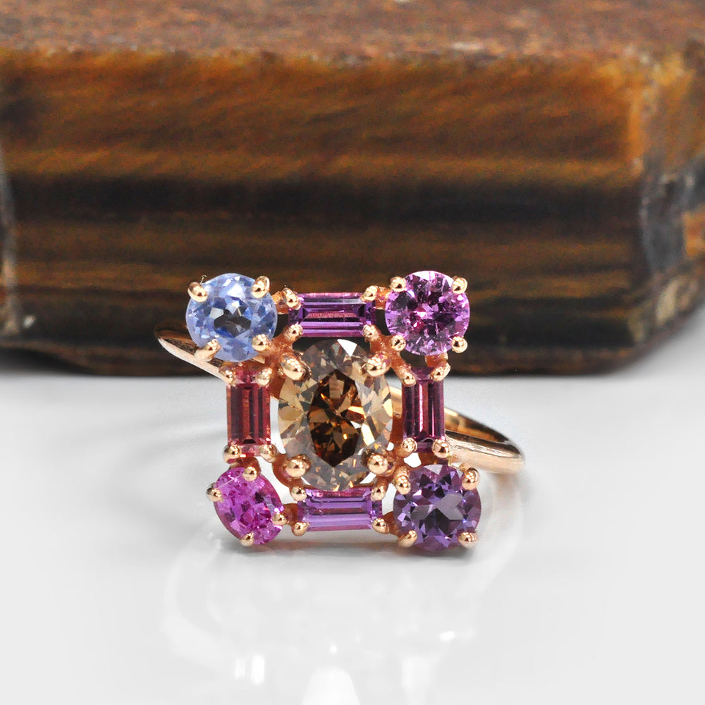 Cluster Oval Diamond and Mix Colored Sapphires Ring