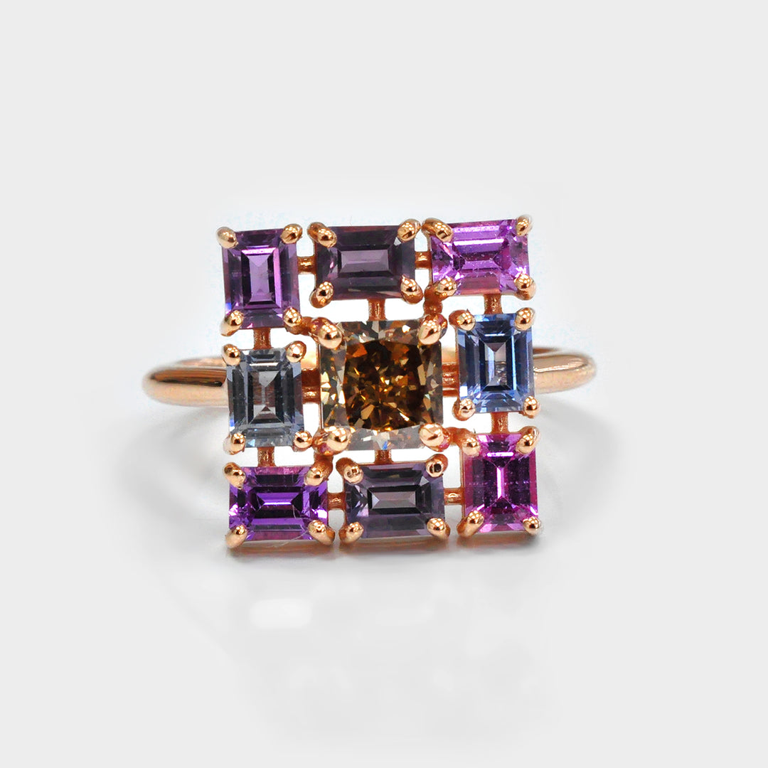 Fancy Orange-Brown radiant Diamond & Fancy Sapphires Ring
