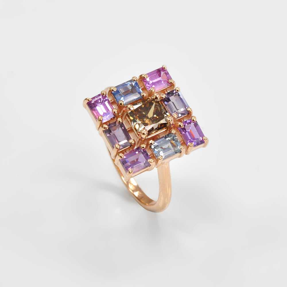Fancy Orange-Brown radiant Diamond & Fancy Sapphires Ring