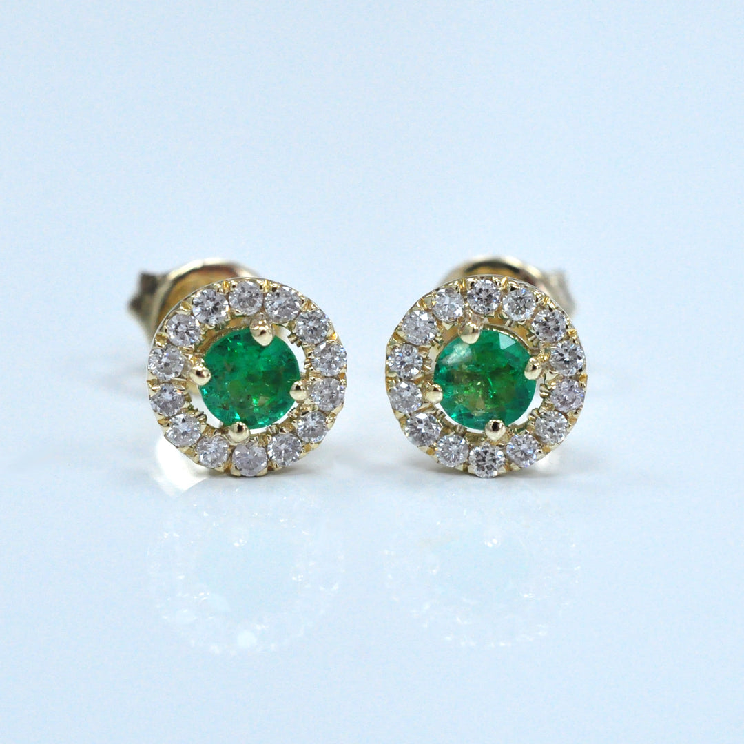 Yellow gold emerald and Diamonds halo Earrings