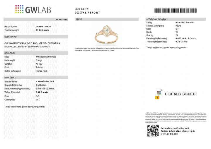 GWLAB jewelry certificate 209506171031 for diamond ring GW1031 / תעודת GWLAB מספר 209506171031 לטבעת יהלום GW1031
