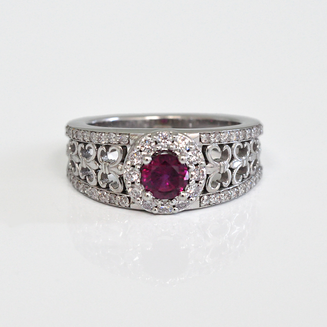 Artistic round cut unheated Ruby and Diamond Ring