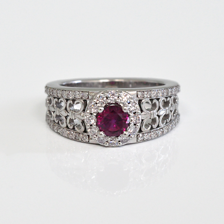 Artistic round cut unheated Ruby and Diamond Ring