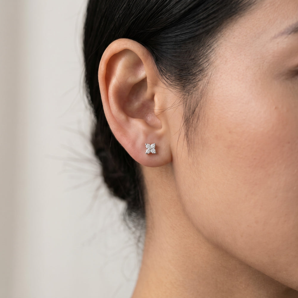 Delicate Diamond Flower Stud Earrings in 14K White Gold