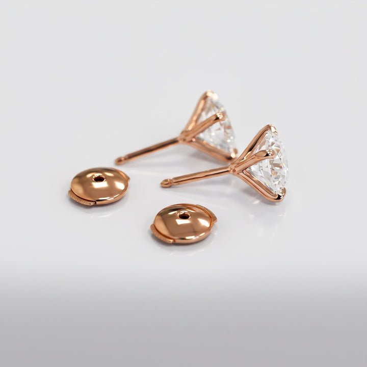Martini natural diamond stud earrings in 14K rose gold — Alpha backs and setting detail