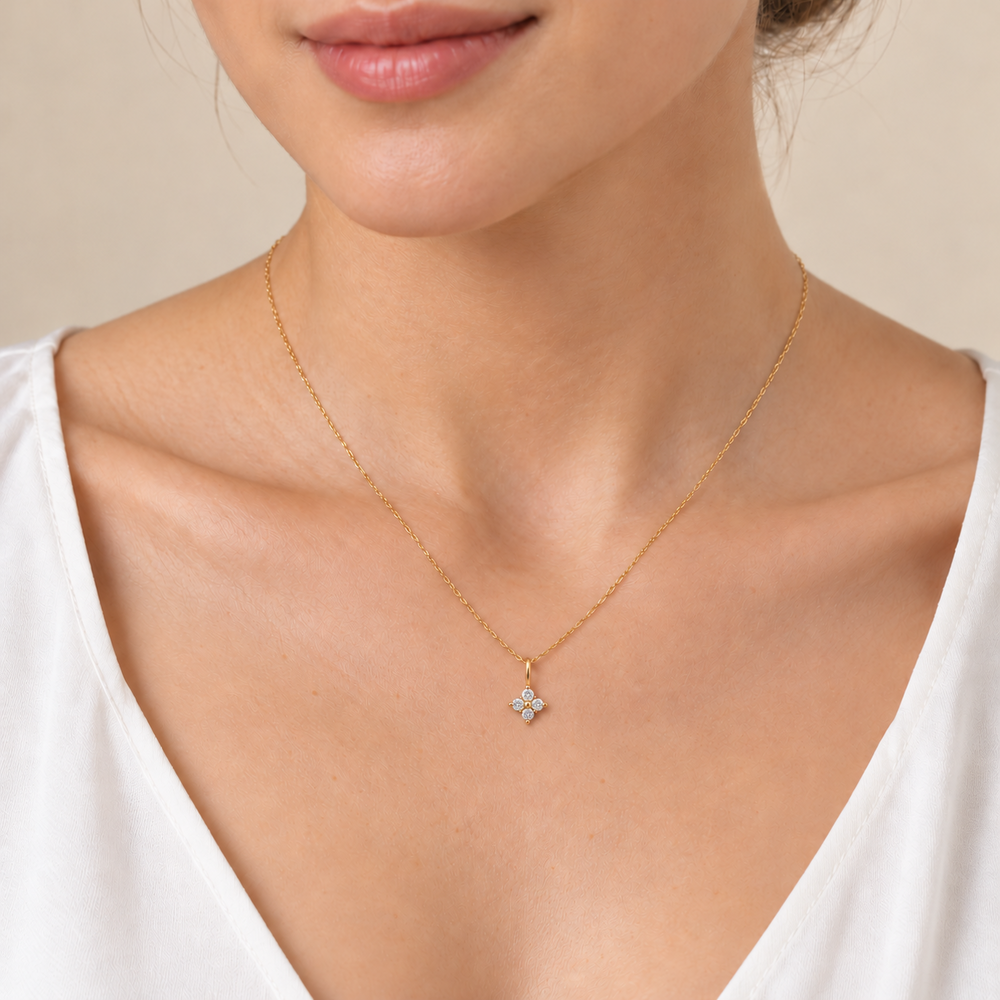 Delicate Diamond Flower Pendant Necklace in 14K Yellow Gold