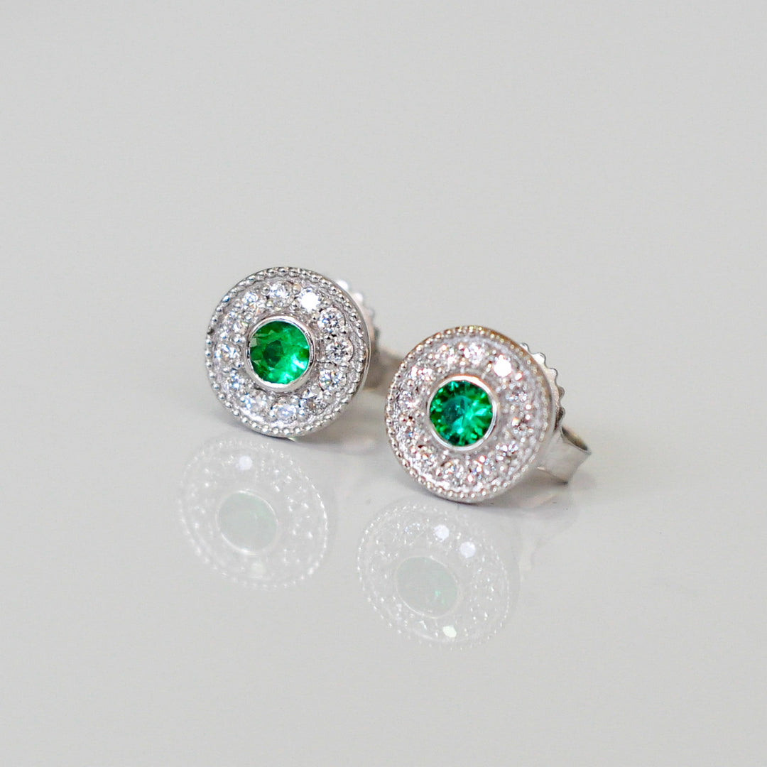white gold emerald and Diamonds halo Earrings