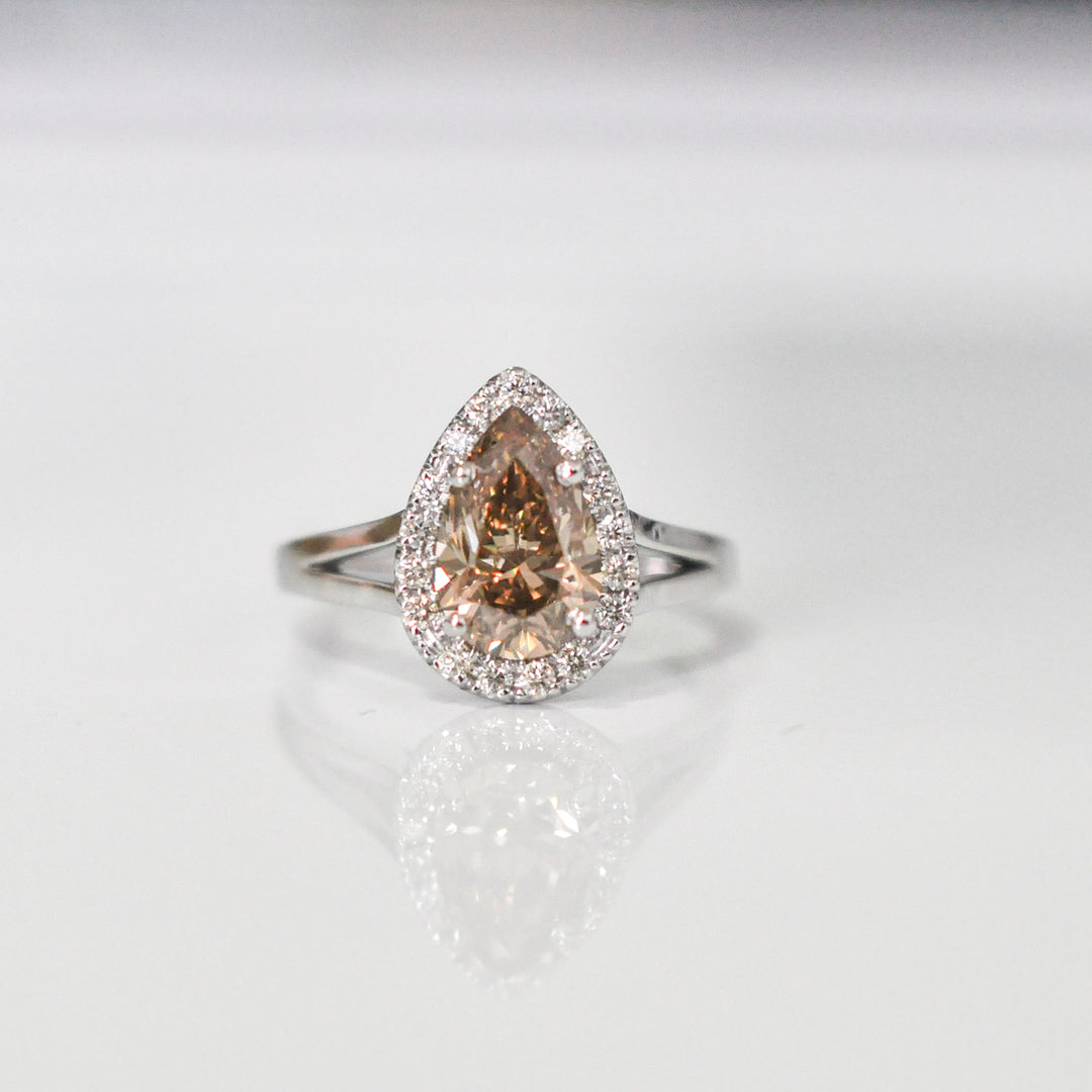 fancy brown PEAR SHAPE diamond split shank Halo Ring
