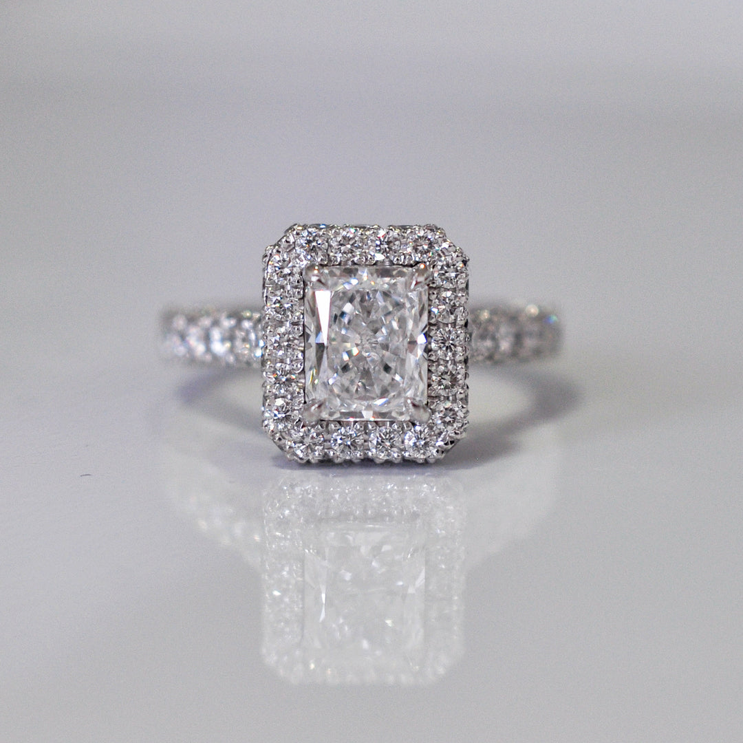 radiant cut diamond (1.5ct) halo engagement Ring