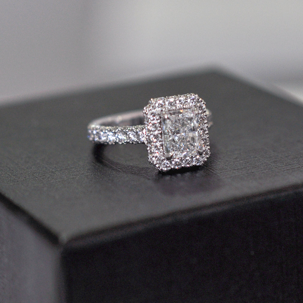radiant cut diamond (1.5ct) halo engagement Ring