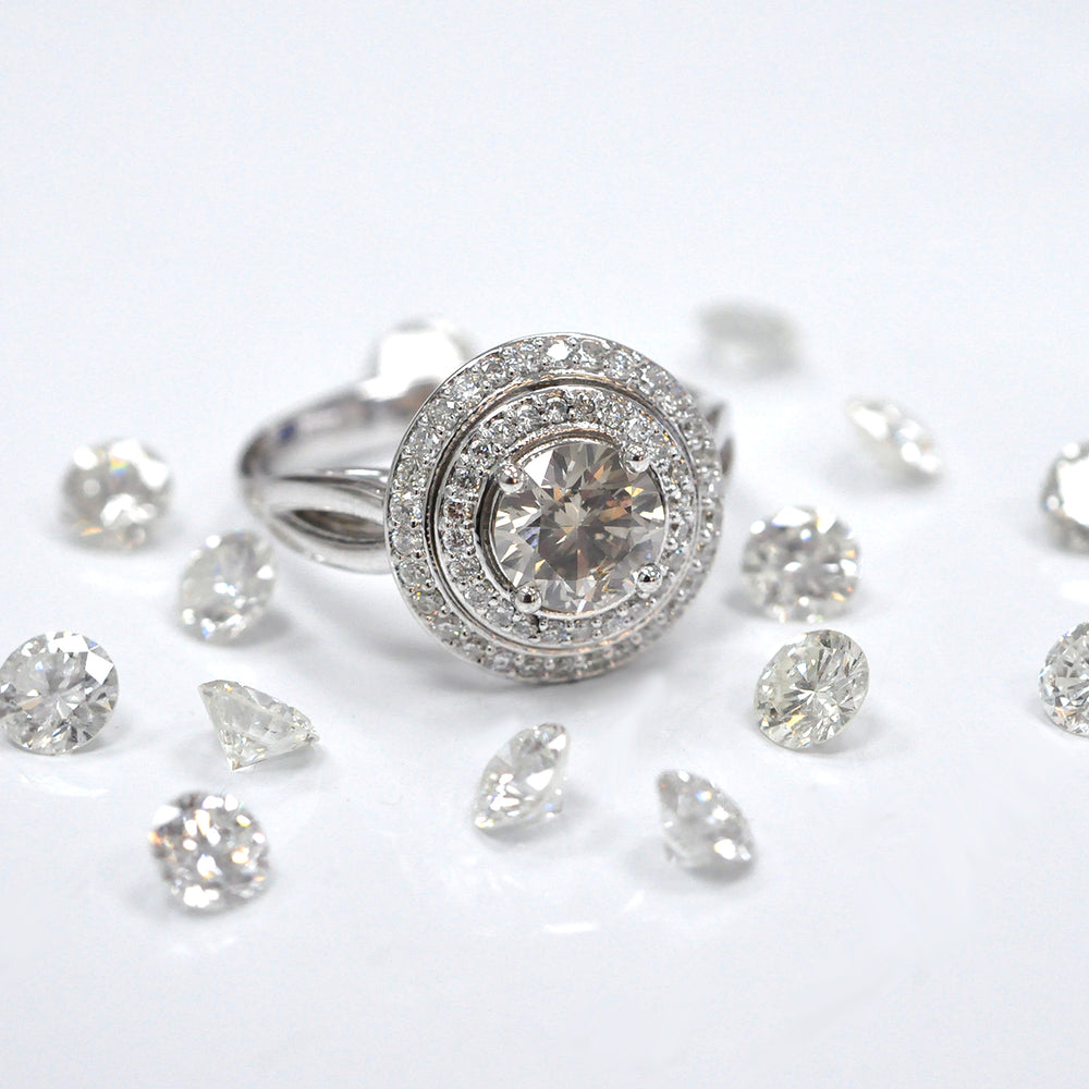 split shank white gold double halo diamonds ring